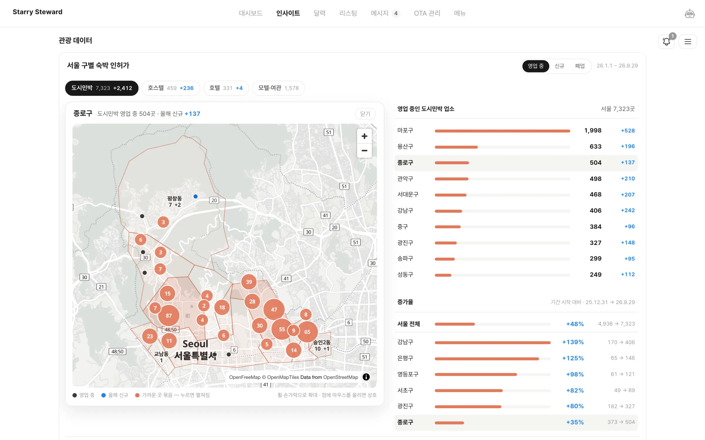 관광 데이터 — 동 단위 지도와 숙소 위치